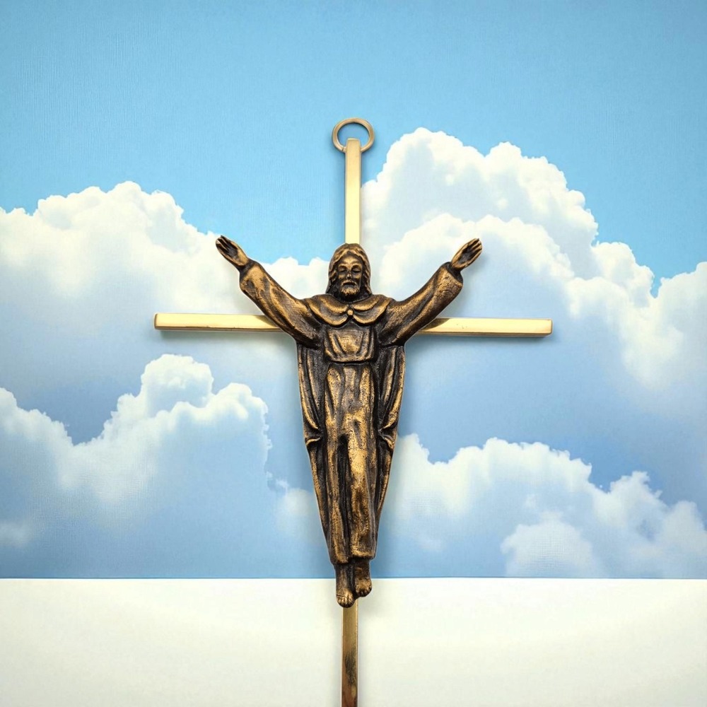 VTG Metal Brass Crucifix Wall Hanging Cross 10" Religion Jesus Holding Arms Out